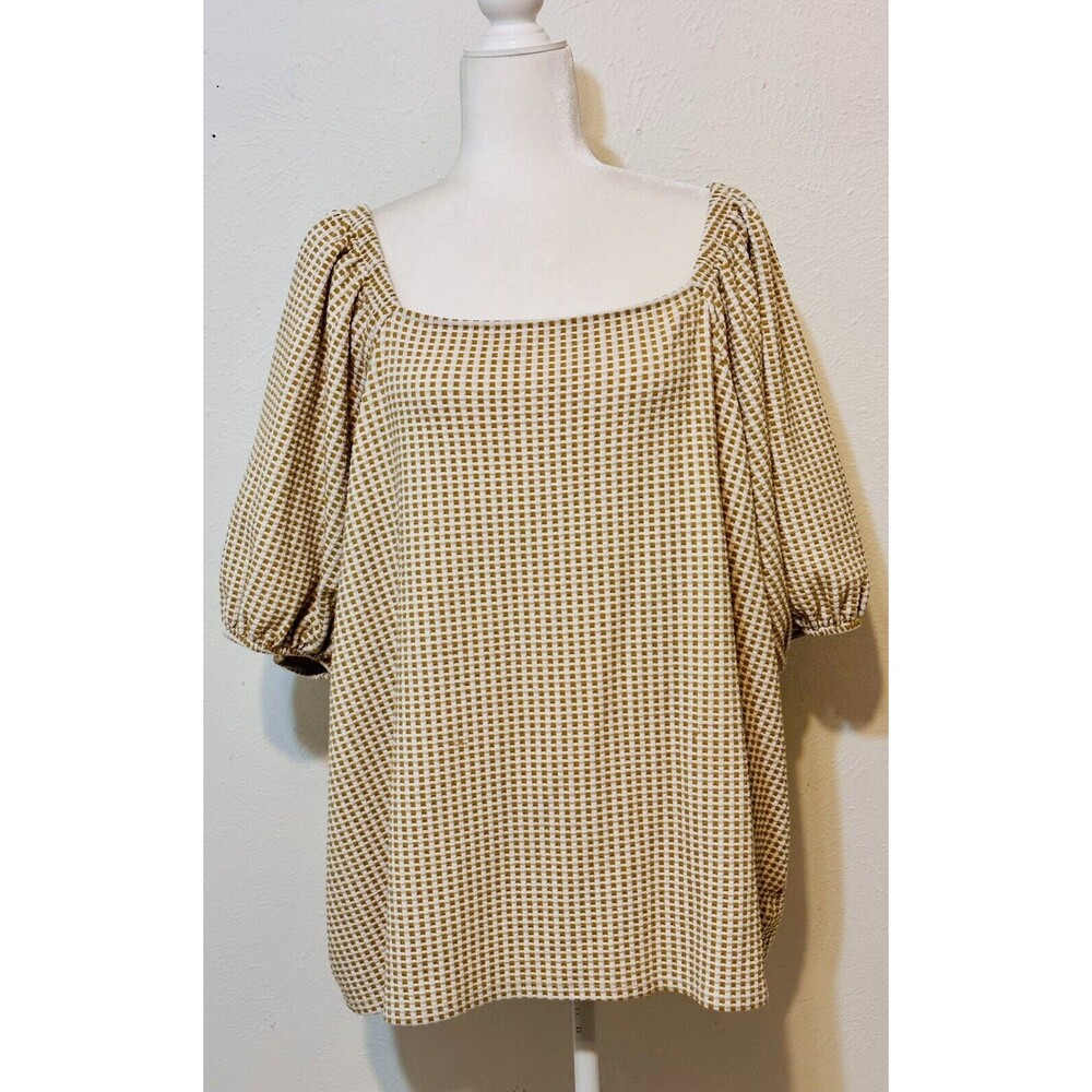 Ava & Viv Plus Size 4X Tan And White Balloon Sleeve Check Print Blouse Boho